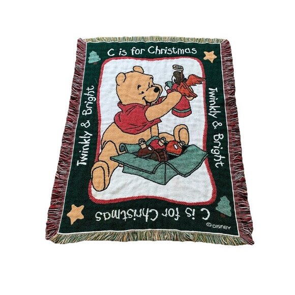 Vintage Disney Winnie Pooh Tapestry Throw Blanket C Is For Christmas 37” x 47” - Picture 1 of 14